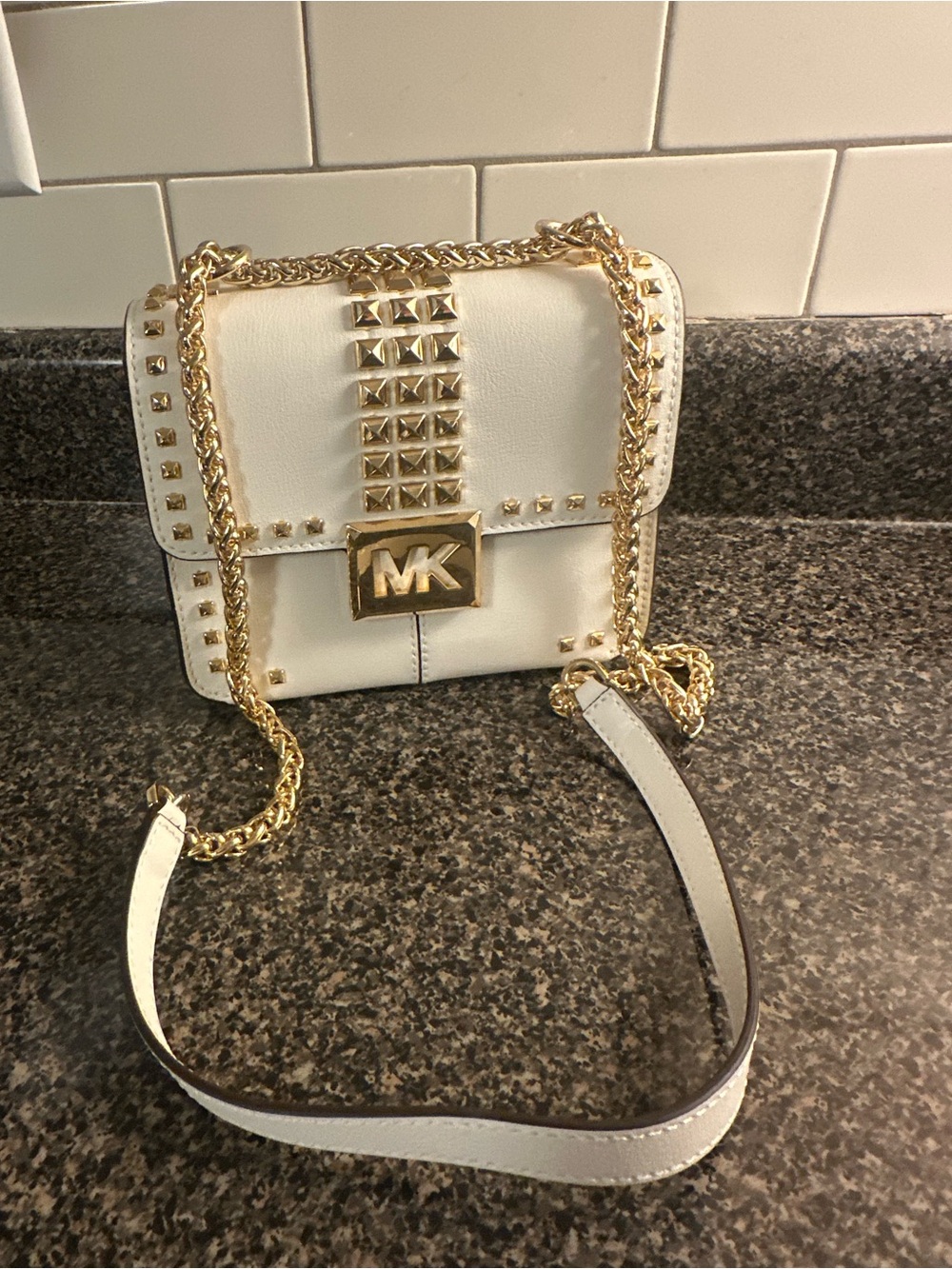 Michael Kors White Leather Studded Crossbody with Gold Hardware - Picture 3 of 4